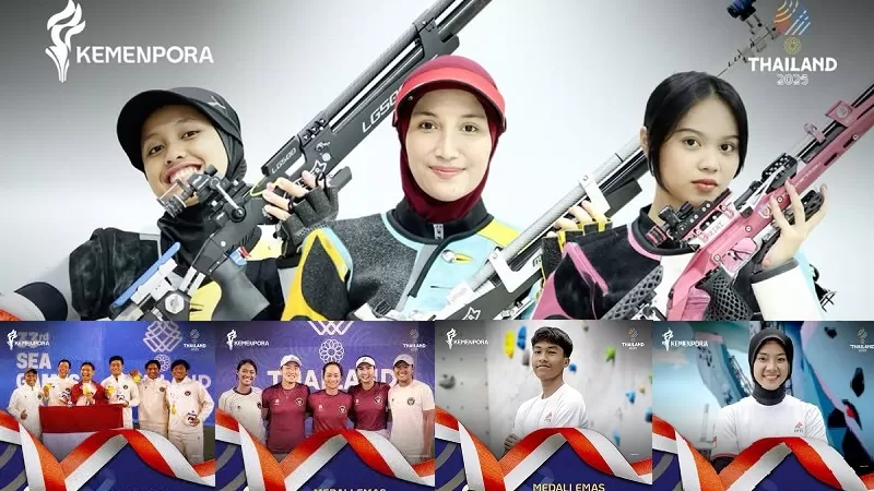 Dewi Mubarokah (tengah atas) membawa dua medali emas di cabor menembak SEA Games 2025. (Kemenpora)