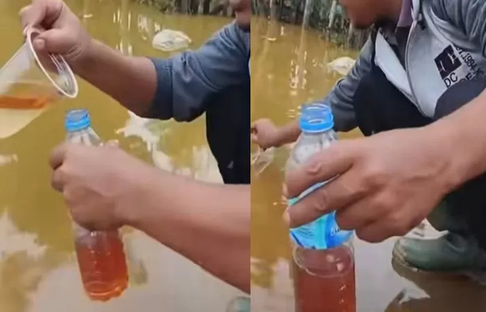 Warga Aceh Tamiang berebut cairan minyak yang diklaim solar (Foto: TikTok/@zaits_bf)