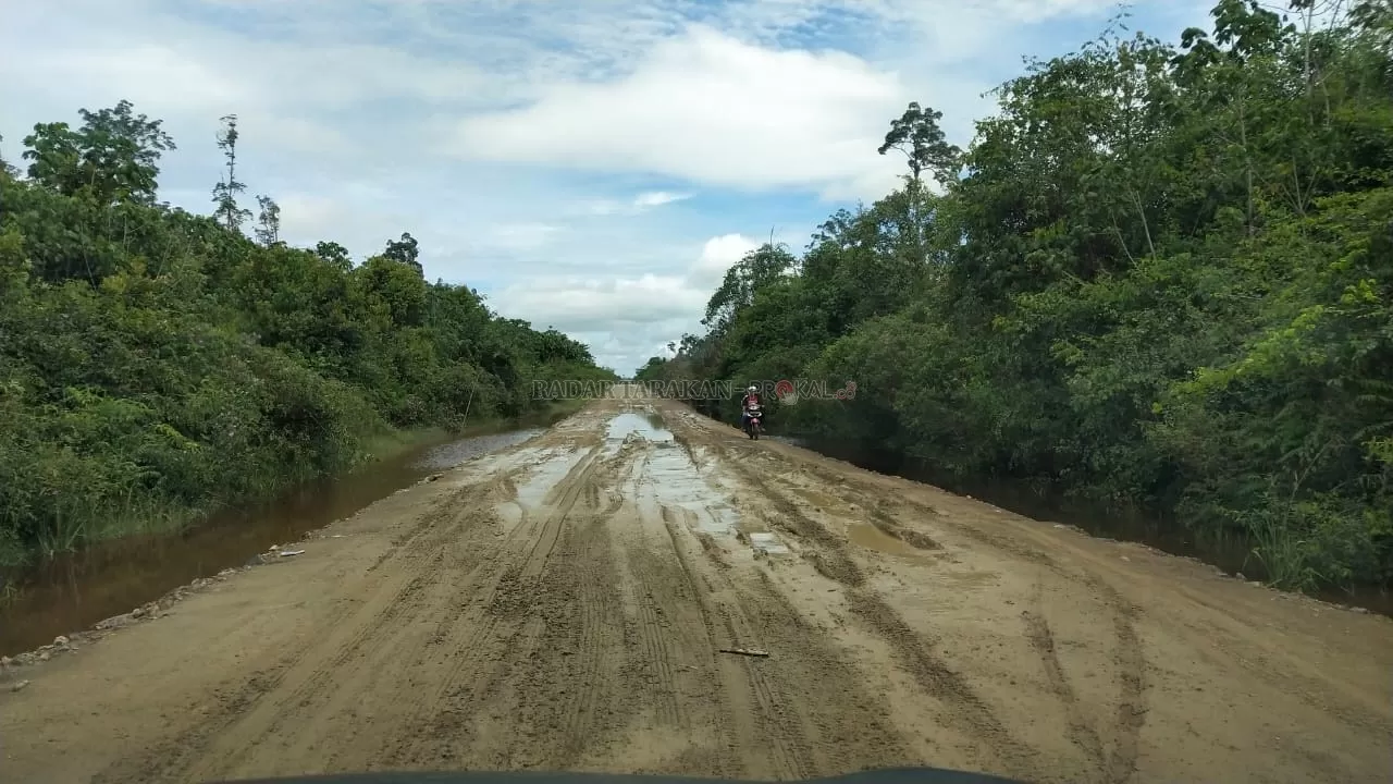 DIKELUHKAN: Jika hujan jalan tembus Bebatu-Seputuk ini berlumpur dan licin.