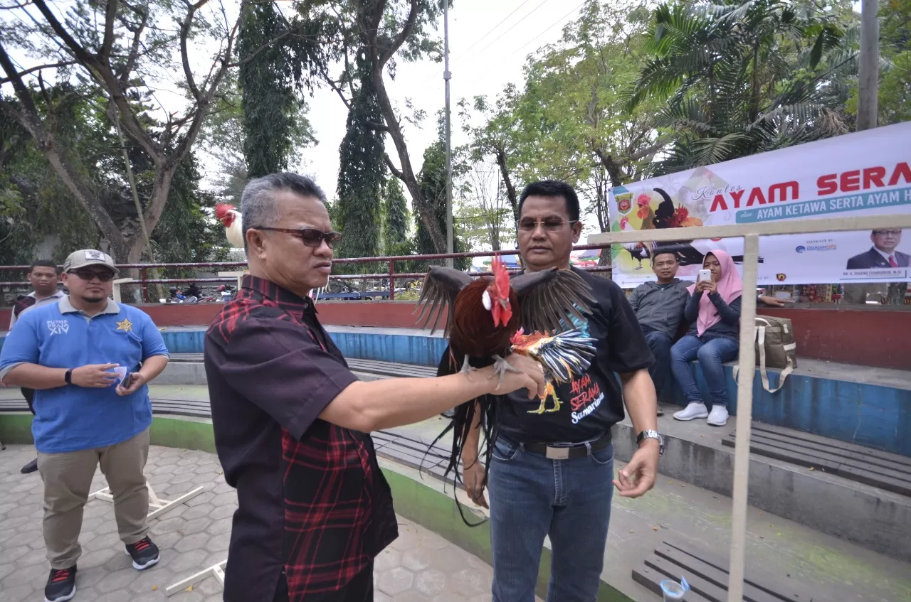 PERDANA: Syaharie Jaang (tengah) bersama ayam serama miliknya di sela Kontes Ayam Serama, kemarin.
