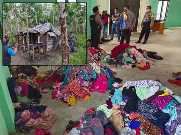 RIBUAN : Tumpukan berbagai jenis pakaian perempuan yang diamankan warga dari pondok yang ditinggali ST. Kini aparat tengah memburu lelaki yang meresahkan warga Desa Natai Baru, Kecamatan Arut Selatan.(SYAMSUDIN/RADAR PANGKALAN BUN)