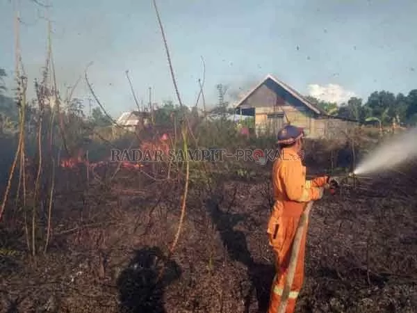 KEBAKARAN : Satpol PP dan Damkar Kobar saat berupaya memadamkan api kebakaran lahan perkebunan singkong di BTN Griya Riwut Permai, RT 21, Kelurahan Mendawai, Kecamatan Arut Selatan, Kamis (13/8), pukul 15.55 WIB.( SATPOL PP/RADAR PANGKALAN BUN)