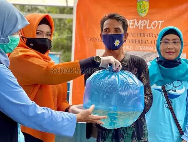 SIMBOLIS : Wakil Wali Kota Palangka Raya  Umi Mastikah, saat membagikan bantuan bibit ikan di acara uji program inovasi perikanan di UPTD Sei Katune, Kecamatan  Bukit Batu, Sabtu (5/9).(ISTIMEWA/ HUMAS PEMKOT)
