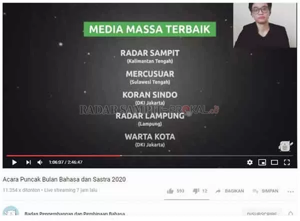 TERBAIK: Cuplikan penghargaan yang diterima Radar Sampit dari Badan Pengembangan dan Pembinaan Bahasa.