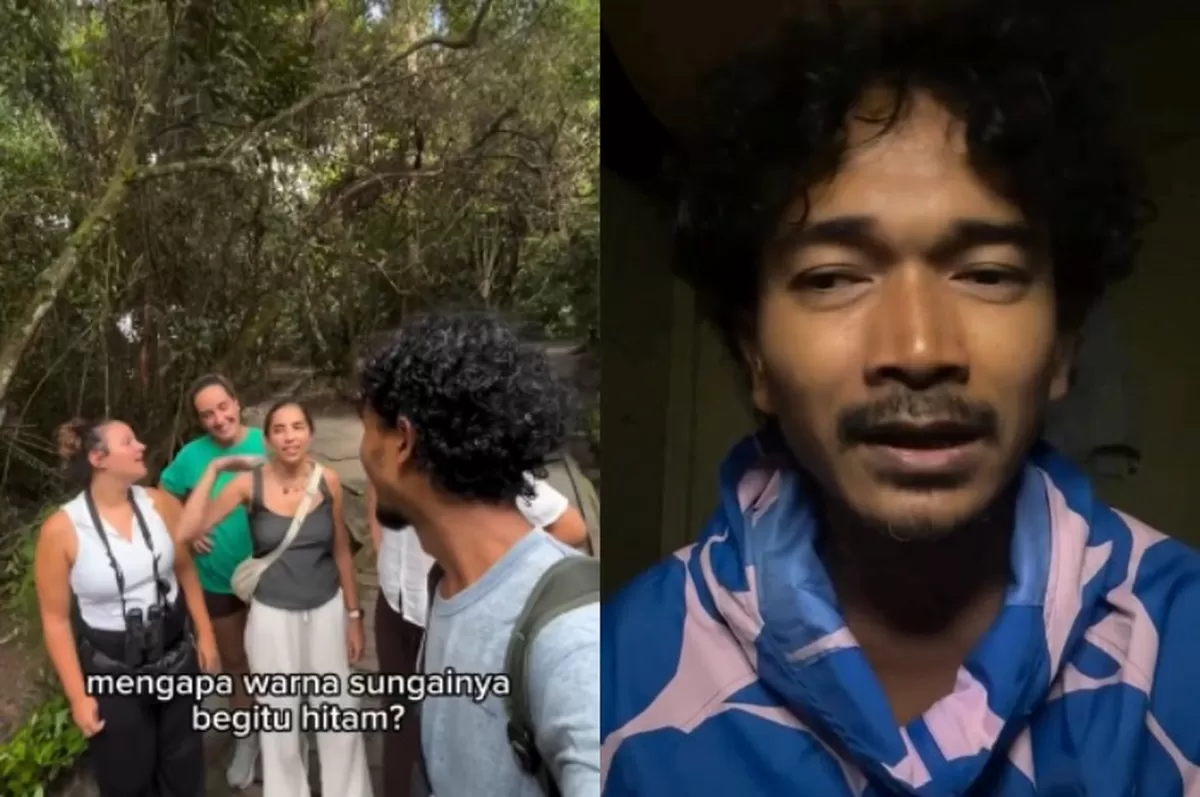 Menyoroti penjelasan seorang tour guide di Kalimantan tentang sungai air hitam yang kini dinilai mulai tercemar oleh limbah tambang emas. (Instagram.com/@orangudeny)