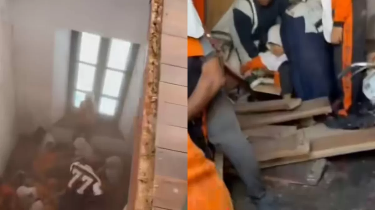 Insiden ambruknya lantai dua bangunan cagar budaya Tangsi Belanda, Siak, Riau saat ada kunjungan studi tur.  (Instagram/halosiak)