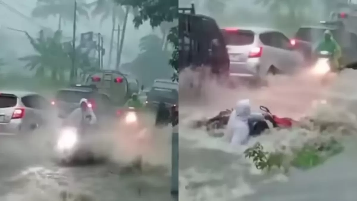 Korban Ajun Arman Permadi saat membantu pengendara motor sebelum terseret banjir di Bojong, Tegal.  (Instagram/tegalhariini_)