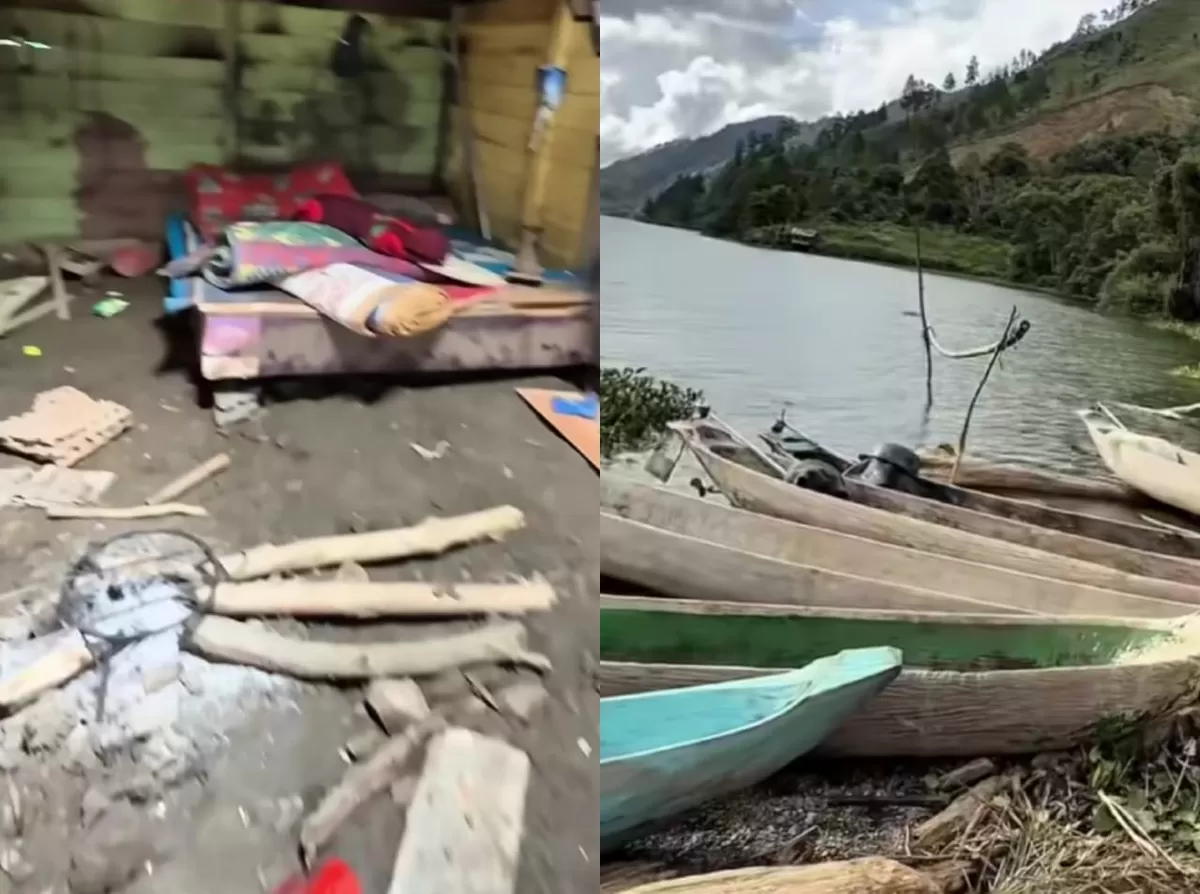 Kondisi rumah warga Dusun Lelabu Aceh Tengah kini (kiri) dan sampan yang digunakan saat menyelamatkan diri (kanan) (Instagram/syahru_ozer)