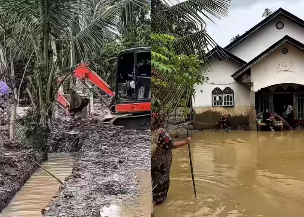 Warga di Aceh Timur harus menggunakan alat berat untuk bersihkan lumpur yang mengendap di rumahnya. (Instagram/bg_dosen)