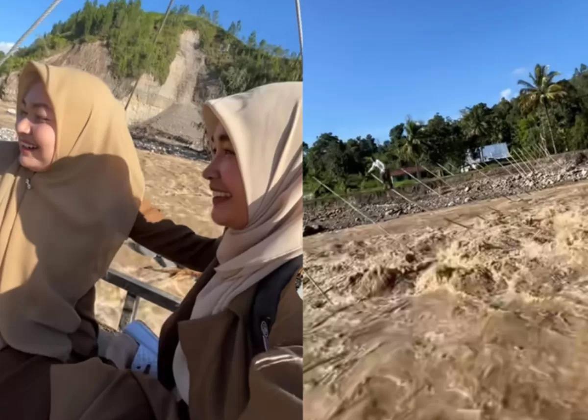 Perjuangan guru di Aceh Tengah menyeberangi sungai dengan tali sling saat akan mengajar di sekolah. (TikTok/rahmisasmitasari)