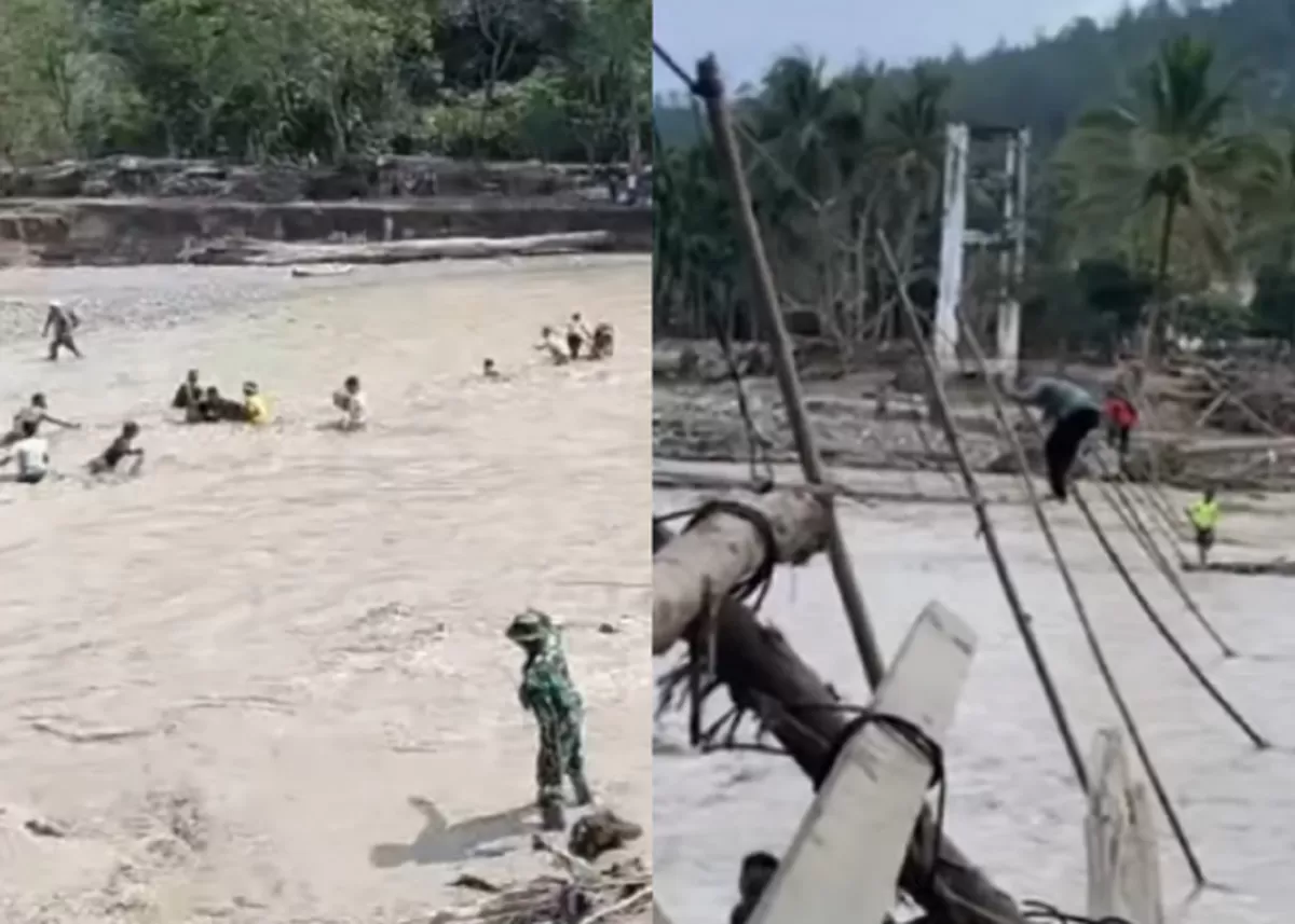 Relawan sempat jatuh ke sungai saat tali jembatan penyeberangan di Reje Payung, Aceh Tengah putus. (Dinas Kominfo Aceh Tengah)
