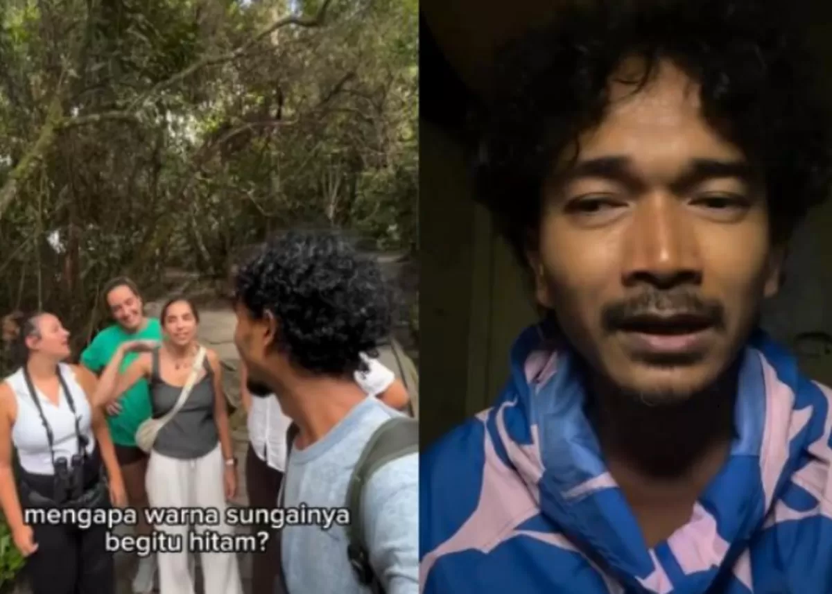 Menyoroti penjelasan seorang tour guide di Kalimantan tentang sungai air hitam yang kini dinilai mulai tercemar oleh limbah tambang emas.  (Instagram.com/@orangudeny)