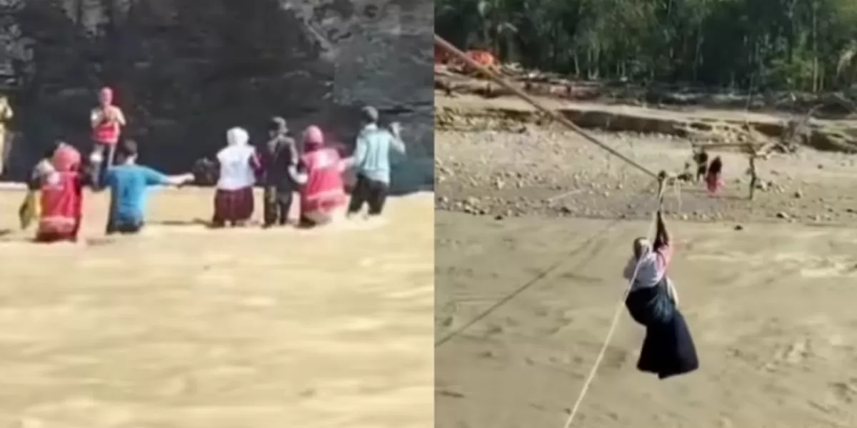 Perjuangan warga dan relawan di Kecamatan Linge saat harus menyeberangi Sungai Kala Ilie dengan penyeberangan seadanya. (Instagram/lingkaran_gayo)
