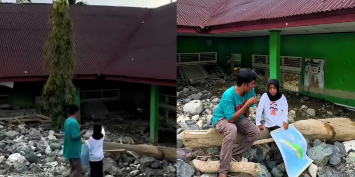 Bocah di Sumatera Barat berharap bantuan untuk sekolahnya usai bangunan rusak diterjang banjir bandang. (Instagram/ajo_wayoik)