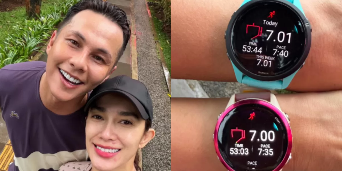 Potret Andhika Pratama dan Ussy Sulistiawaty sedang merayakan pernikahan mereka yang ke-14 tahun dengan cara olahraga lari. (Instagram/andhiiikapratama)