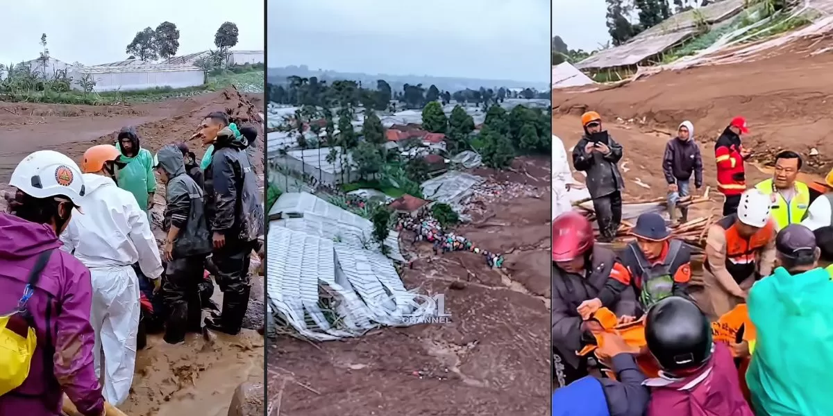 Proses evakuasi dan kondisi Desa Pasirlingu pasca dilanda longsor (Kolase Instagram @dedimulyadi77)