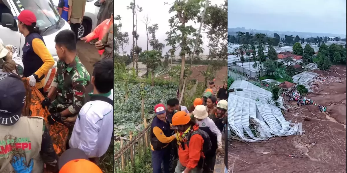Proses evakuasi 1 korban longsor di Cisarua pada Minggu siang (Kolase Instagram @infojawabarat, @dedimulyadi77)