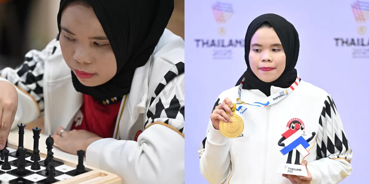 Aisah Wijayanti Putri Brahmana menunjukkan ketenangan di papan catur dan kebanggaan saat mempersembahkan medali untuk Indonesia.  (X/ainurohman)