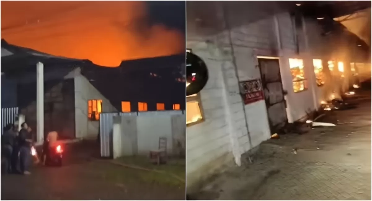 Potret kondisi terjadinya kebakaran gudang pengeringan tembakau di Desa Panduman, Kecamatan Jelbuk Jember, kerugian ditaksir mencapai milyaran rupiah (kolase Instagram jember24jam/damkarjember)