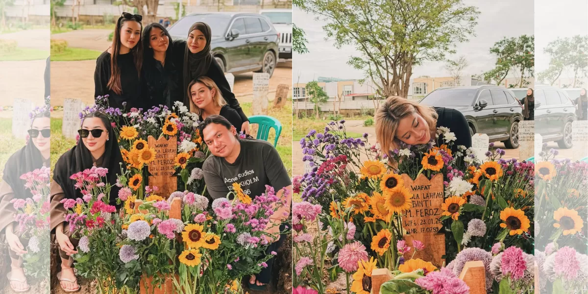 Potret Awkarin dan anggota geng &lsquo;Hanampol&rsquo; mengunjungi makam mendiang Lula Lahfah. Sempat bacakan Yasin di rumah baru Lula. (Instagram/karinkovilda)