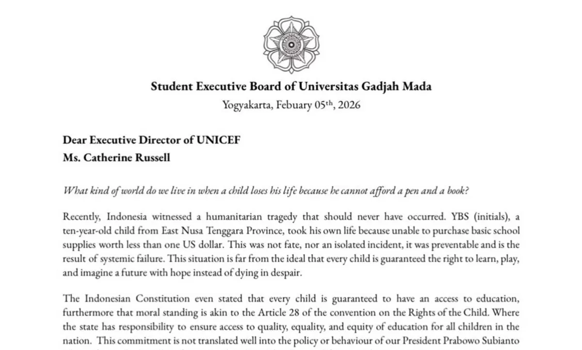 Potret surat BEM UGM kepada UNICEF menyuarakan keprihatinan terhadap kasus bocah SD di NTT yang nekat akhiri hidup karena tak bisa beli buku karena keterbatasan ekonomi (Instagram/mahasiswa_bergerakk)