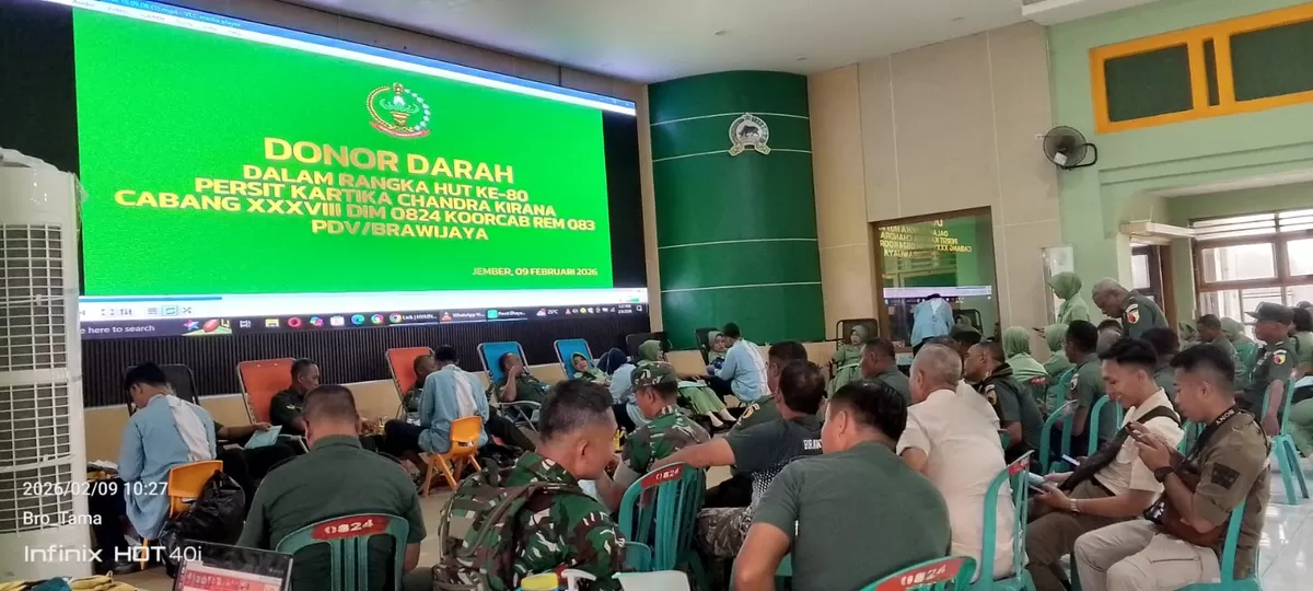 Kodim 0824 Jember Senin (09/02/26) menggelar aksi kemanusiaan donor darah bersama PMI Kabupaten Jember. (Dok. PMI Jember)