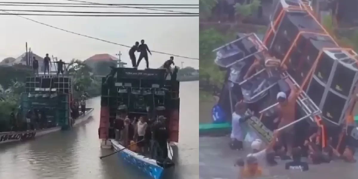 Detik-detik perahu pengangkut sound horeg tenggelam di Sungai Balongdowo, Sidoarjo, saat persiapan ritual adat Nyadran. (X/ neVerAl0nely___)