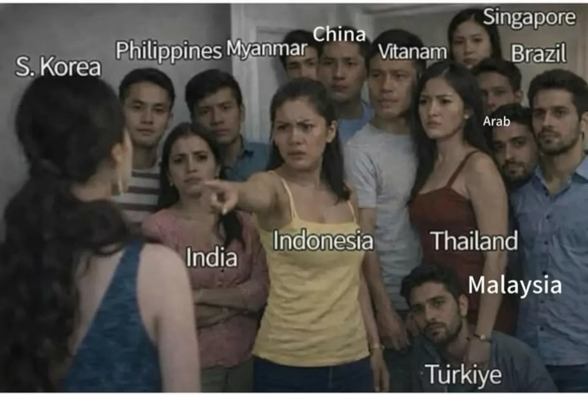 Meme ilustrasi warganet ASEAN termasuk Indonesia mendadak 'ribut' dengan netizen Korea Selatan karena perdebatan yang sampai menyerempet ke isu rasisme (Instagram/viral.sekalii)
