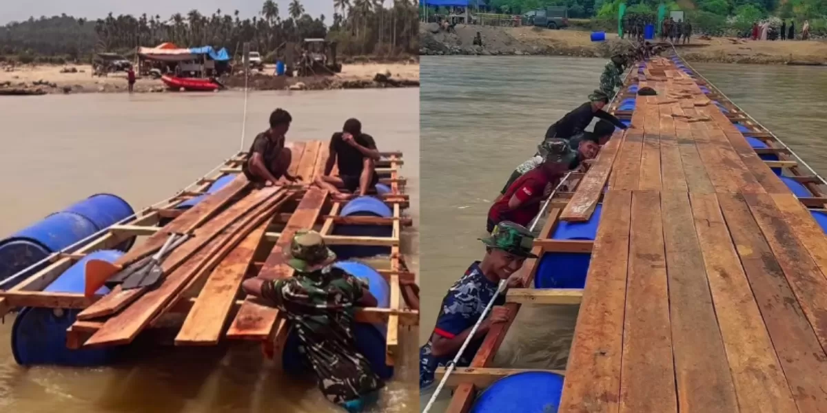 Jembatan apung di Kecamatan Sawang, Aceh Utara hampir rampung usai lebih dari 2 bulan pascabanjir. (Instagram/rully_xabian)