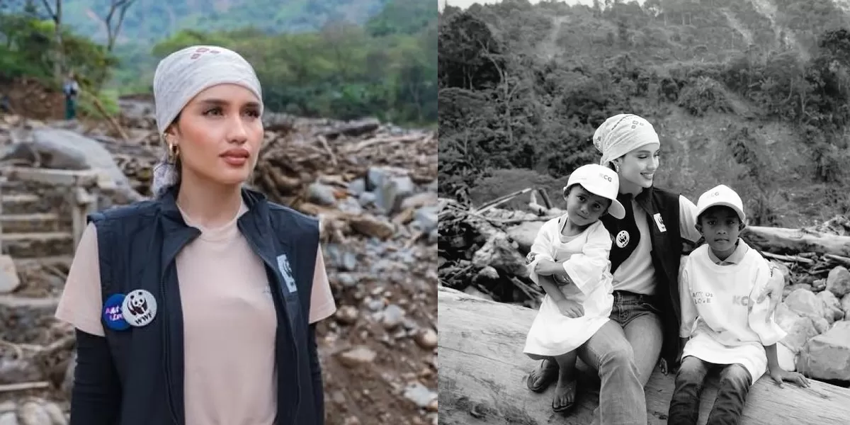 Cinta Laura saat mengunjungi lokasi terdampak di Aceh dan berinteraksi dengan anak-anak penyintas. (X/iPopBase)
