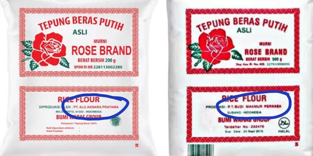 Perbandingan dua kemasan Tepung Beras Putih Rose Brand yang tampak serupa. (X/mahakersa)
