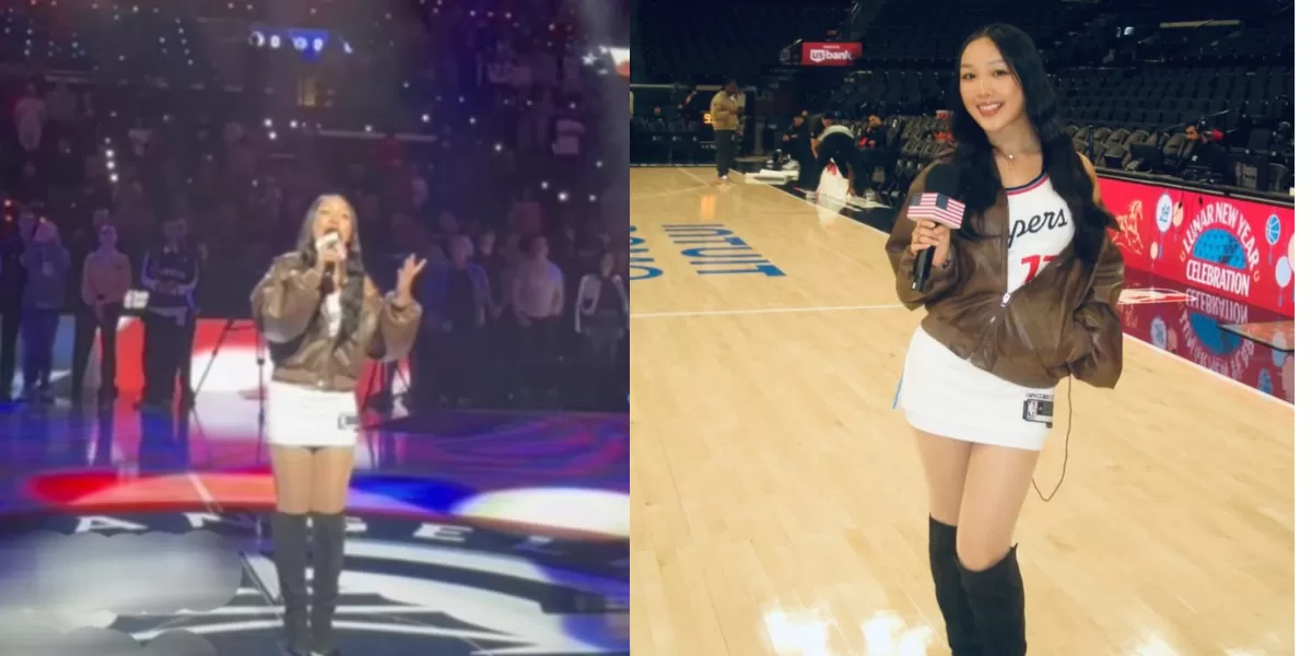 Malea Emma saat menyanyikan lagu kebangsaan Amerika Serikat di NBA (Instagram @maleaemma )