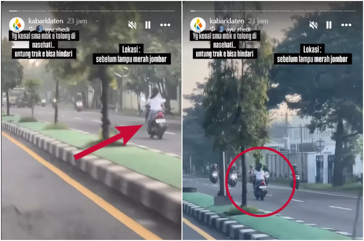 Viral Cewek Naik Motor Lawan Arah Jalan Solo-Yogya Ceper Klaten Jawa Tengah. (Instagram @kabarklaten.)