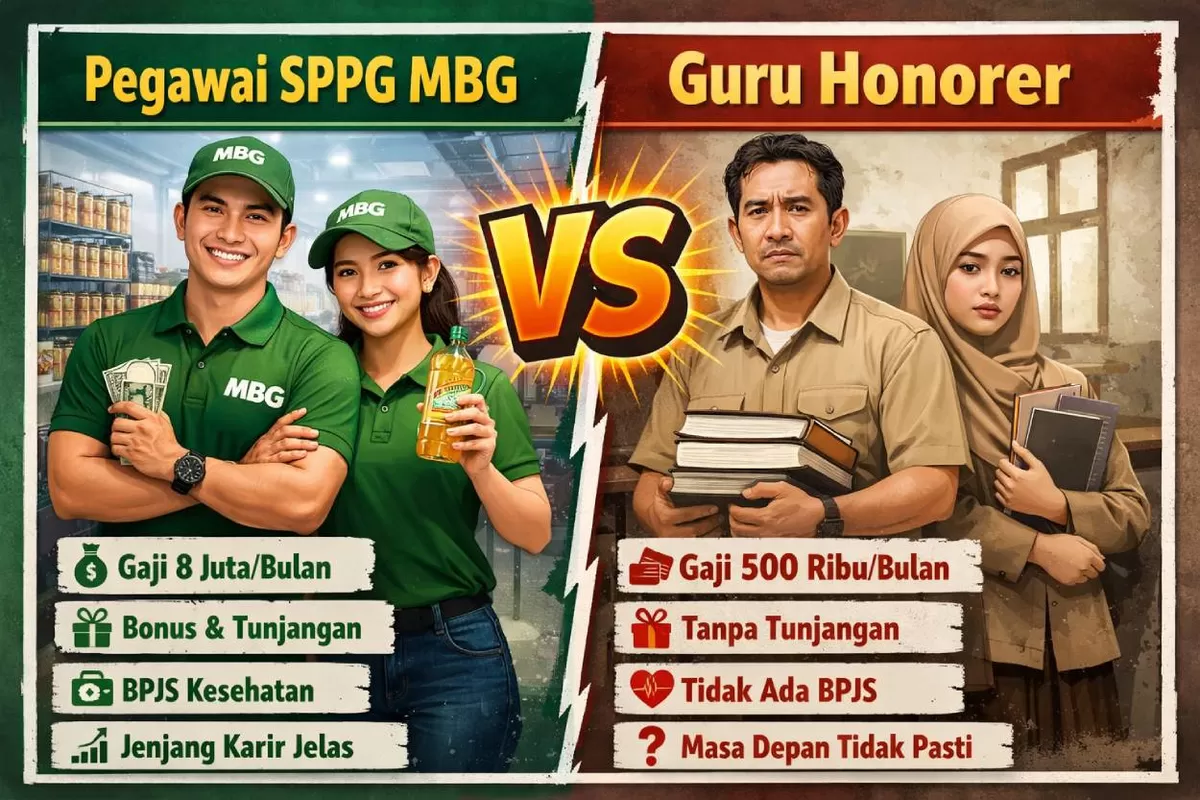 Ilustrasi - Perbandingan gaji, jumlah dan status pegawai SPPG MBG vs Guru Honorer (Foto AI ChatGPT)