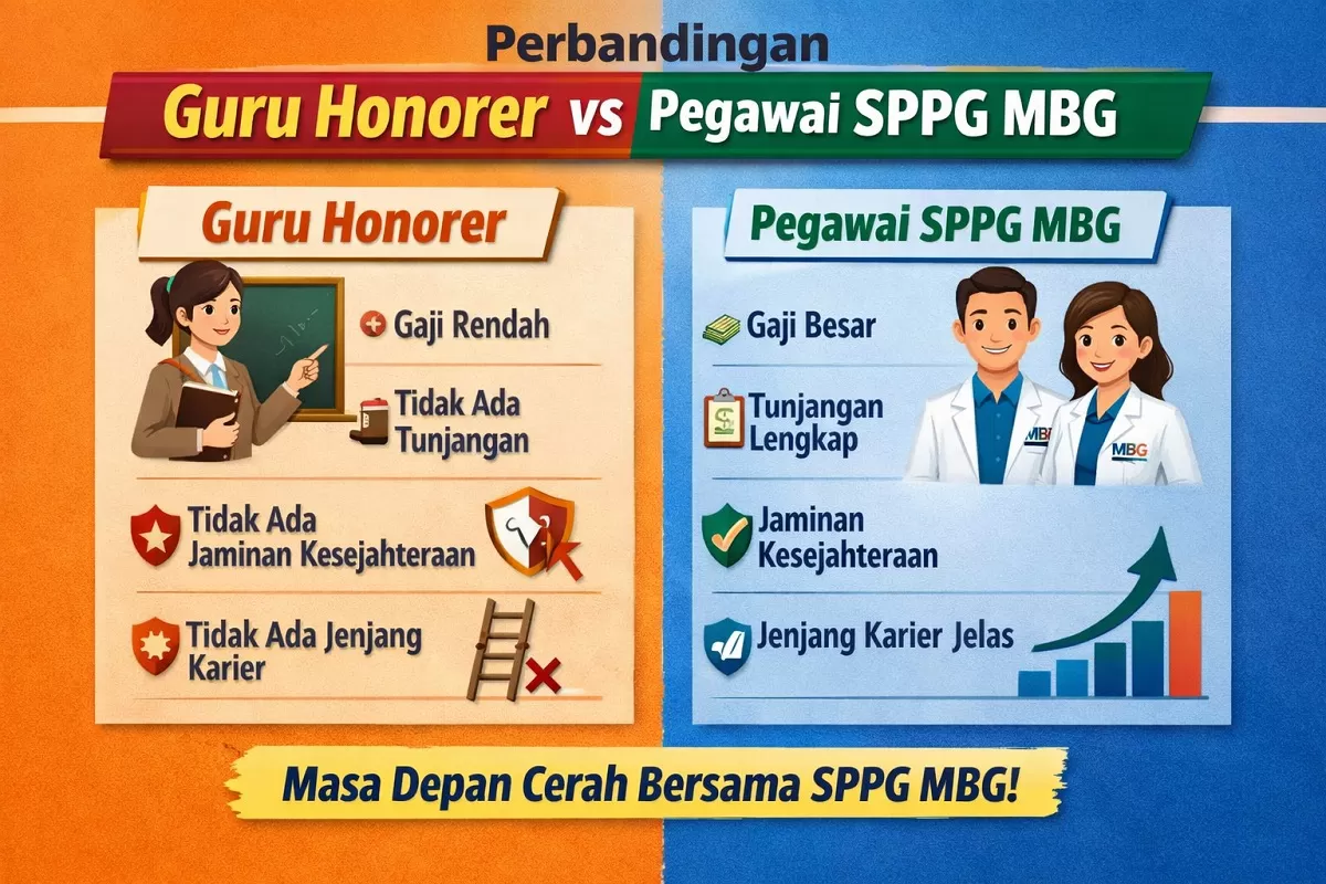 Ilustrasi - Menilik perbandingan gaji guru honorer vs pegawai SPPG MBG (Portaaloka.id - Foto AI ChatGPT)