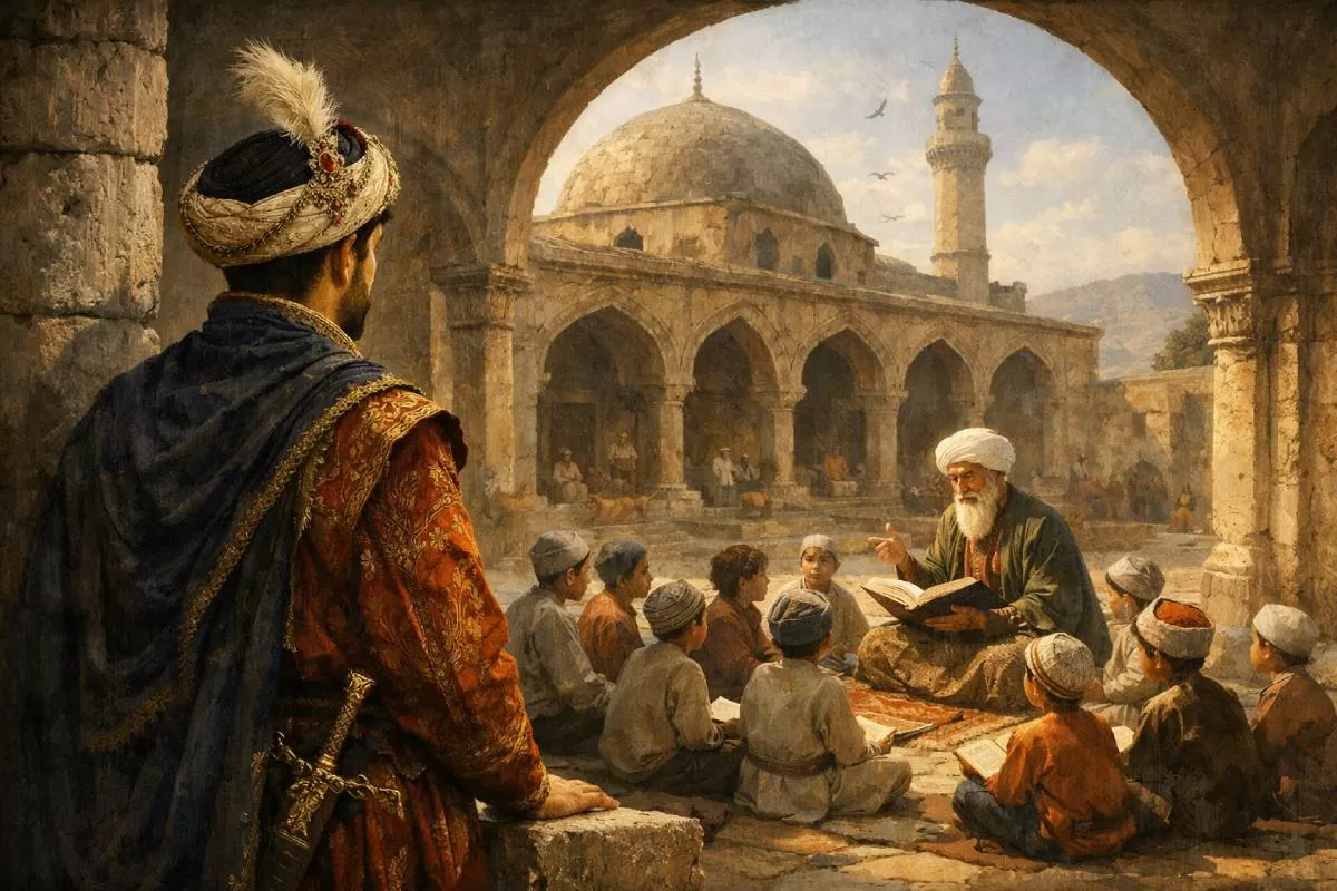 Ilustrasi - Raden Arya Damar menyaksikan anak-anak Kampung Cimaung belajar agama Islam kepada Kanjeng Sunan (Portaloka.id)