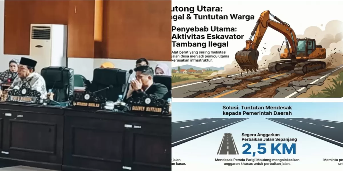 Anggota DPRD Parimo Arifin DG Palalo desak Pemda segera perbaiki jalan 2,5 km di Moutong Utara yang hancur akibat ekskavator tambang ilegal hingga warga harus swadaya timbun pasir.