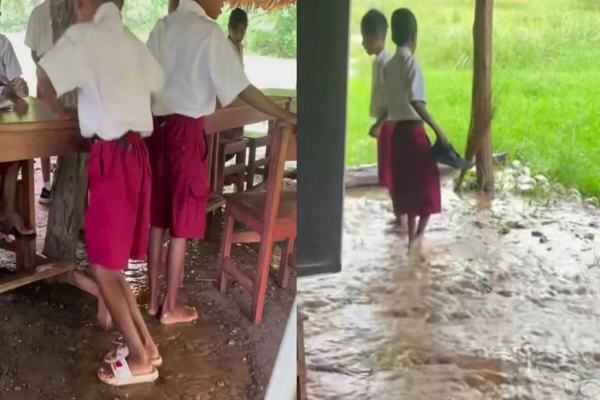 Video viral mengungkap kondisi memprihatinkan SDN Leomanu di Kupang, NTT, di mana para siswa belajar tanpa dinding dan berlantai tanah. Saat hujan deras, kelas berubah menjadi genangan air cokelat dan