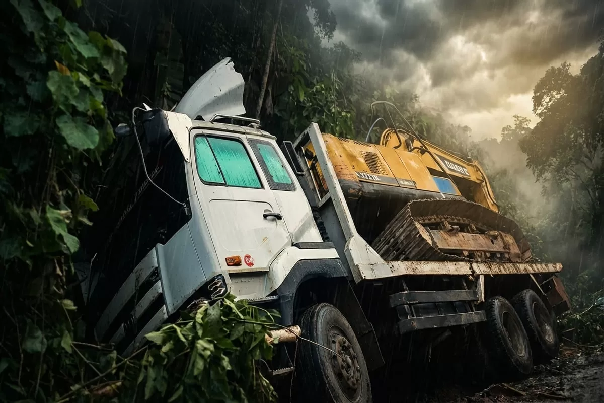 Truk pengangkut ekskavator SANY terperosok di jalur perbatasan Sulteng-Sultra karena gagal menanjak di medan hutan yang sempit, curam, dan licin.