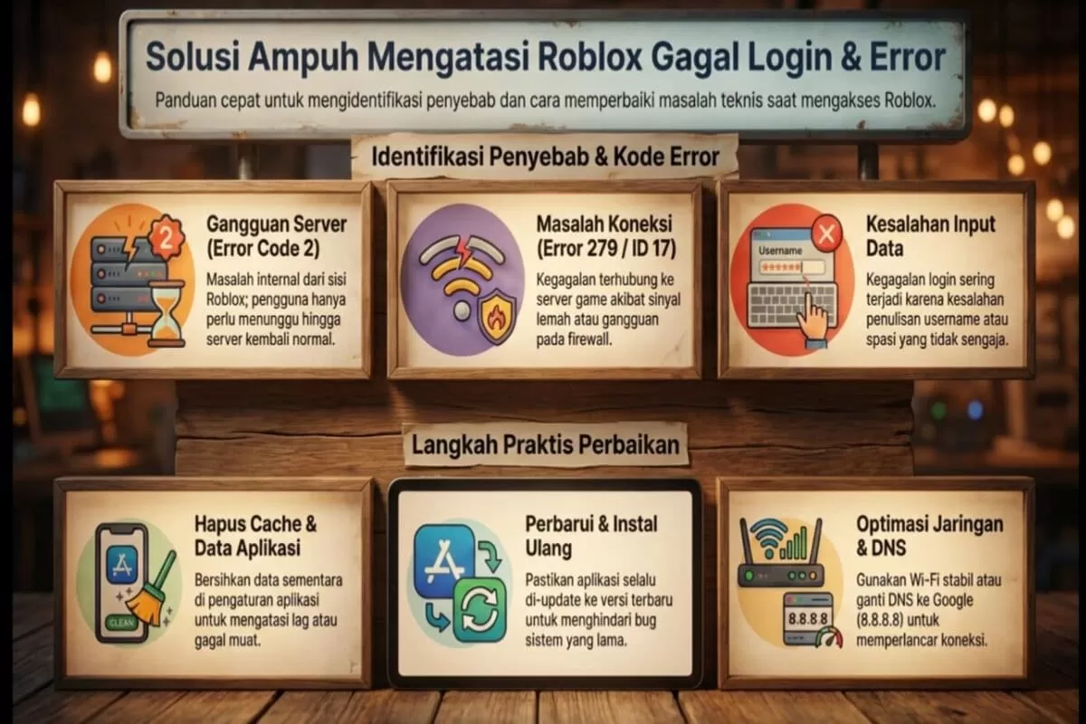 Solusi ampuh perbaiki Error Code 2 Roblox 2026 di HP. Cara cek server, hapus cache, dan sinkronisasi waktu agar koneksi kembali lancar dan stabil