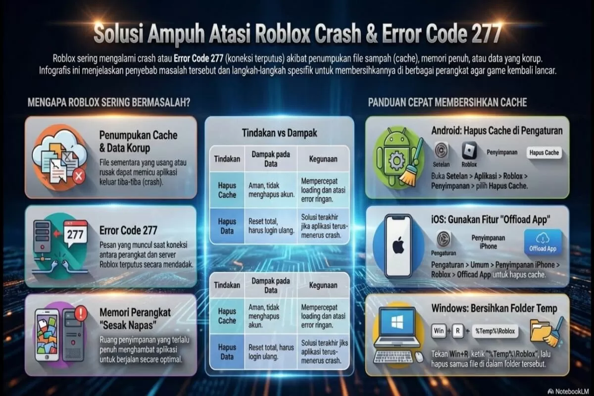 Atasi Roblox lag & crash dengan clear cache! Panduan hapus file sampah di Android, iOS, & PC agar main lancar tanpa perlu login ulang.