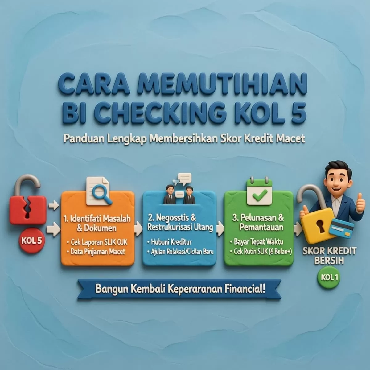 Pelajari cara memutihkan BI Checking Kol 5 secara legal. Lunasi tunggakan, dapatkan SKL, dan bersihkan skor kredit SLIK OJK Anda dalam 30 hari kerja.