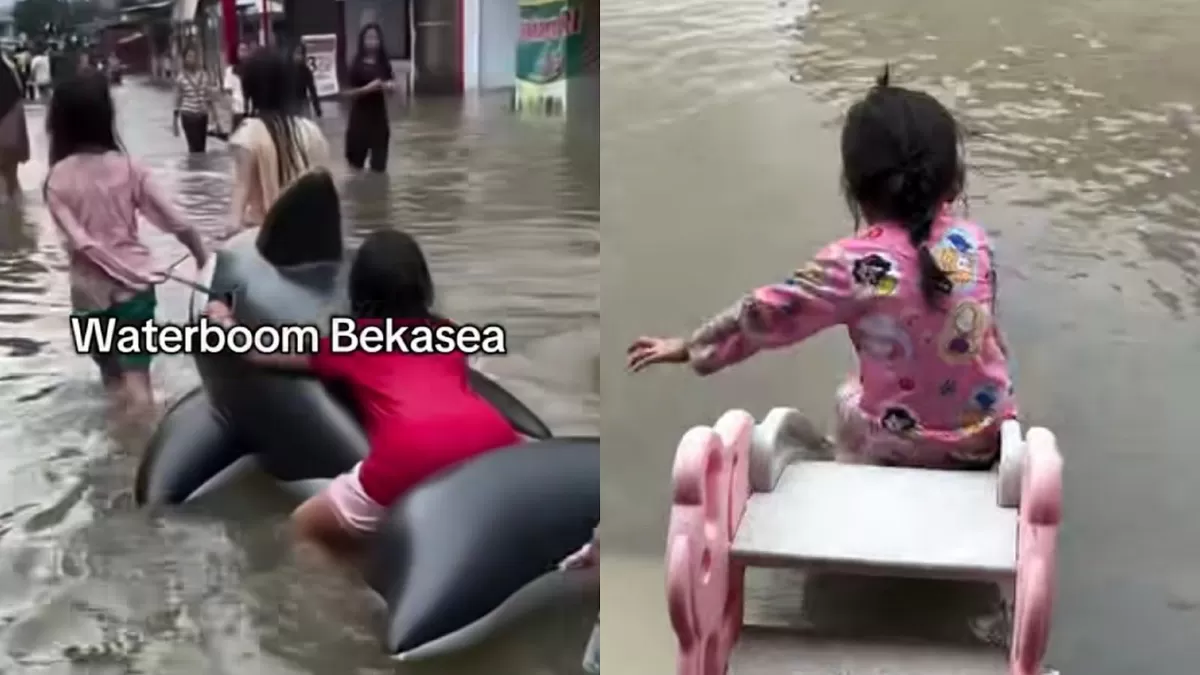 Anak-anak bermain air saat banjir di Bekasi.  ((Instagram/infobekasi.coo - nf_lauraa))