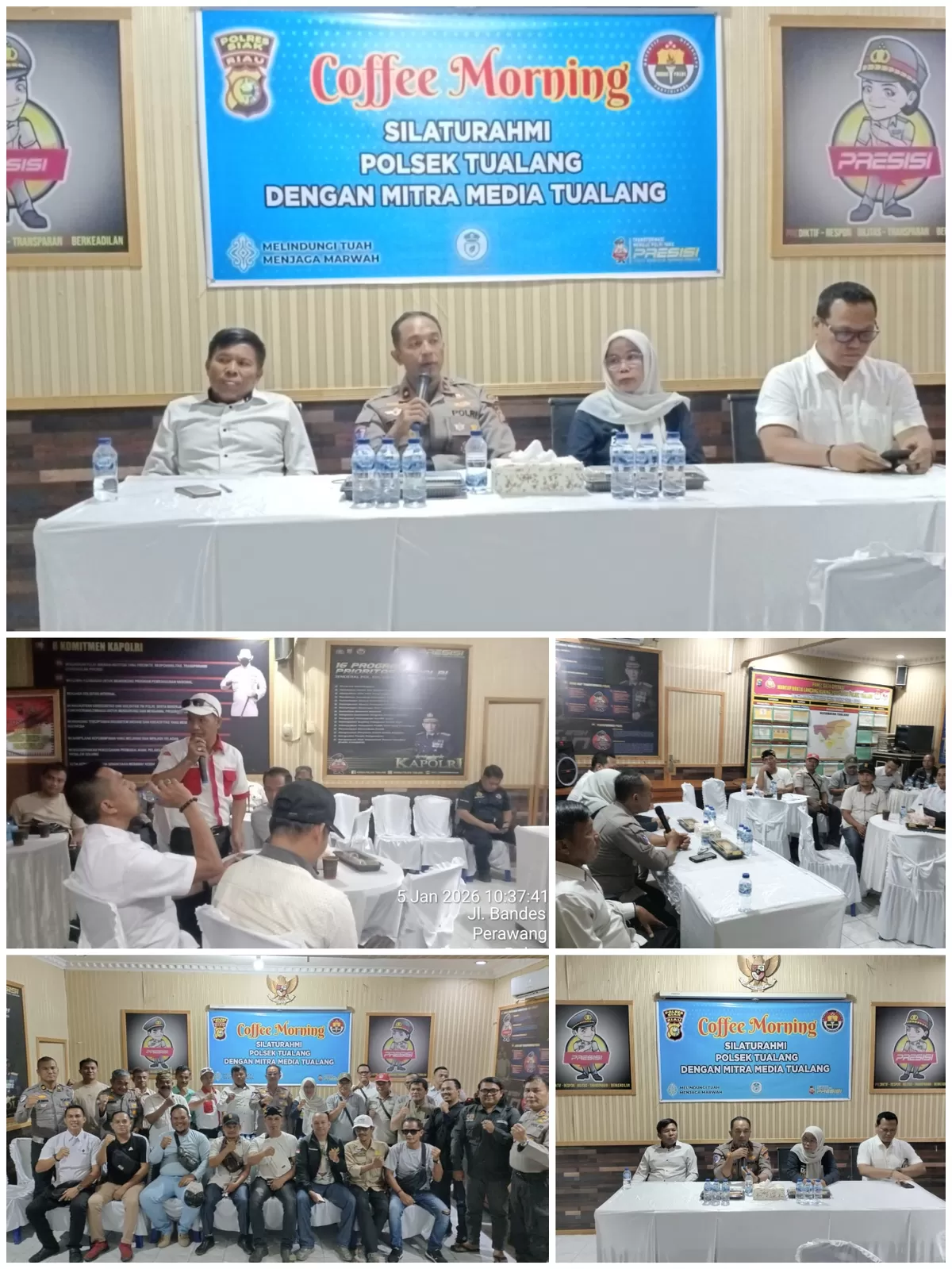 Kapolsek Tualang Kompol Teguh Wiyono, S.H., M.H. menggelar coffee morning bersama awak media mitra Tualang, Senin (5/1/2026). Kegiatan yang berlangsung di Aula Polsek Tualang. 