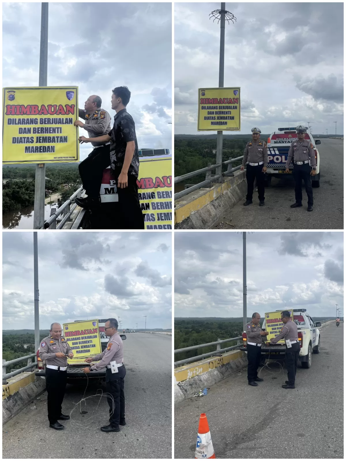 Cegah Macet dan Laka, Polsek Tualang Pasang Spanduk Larangan di Jembatan Maredan