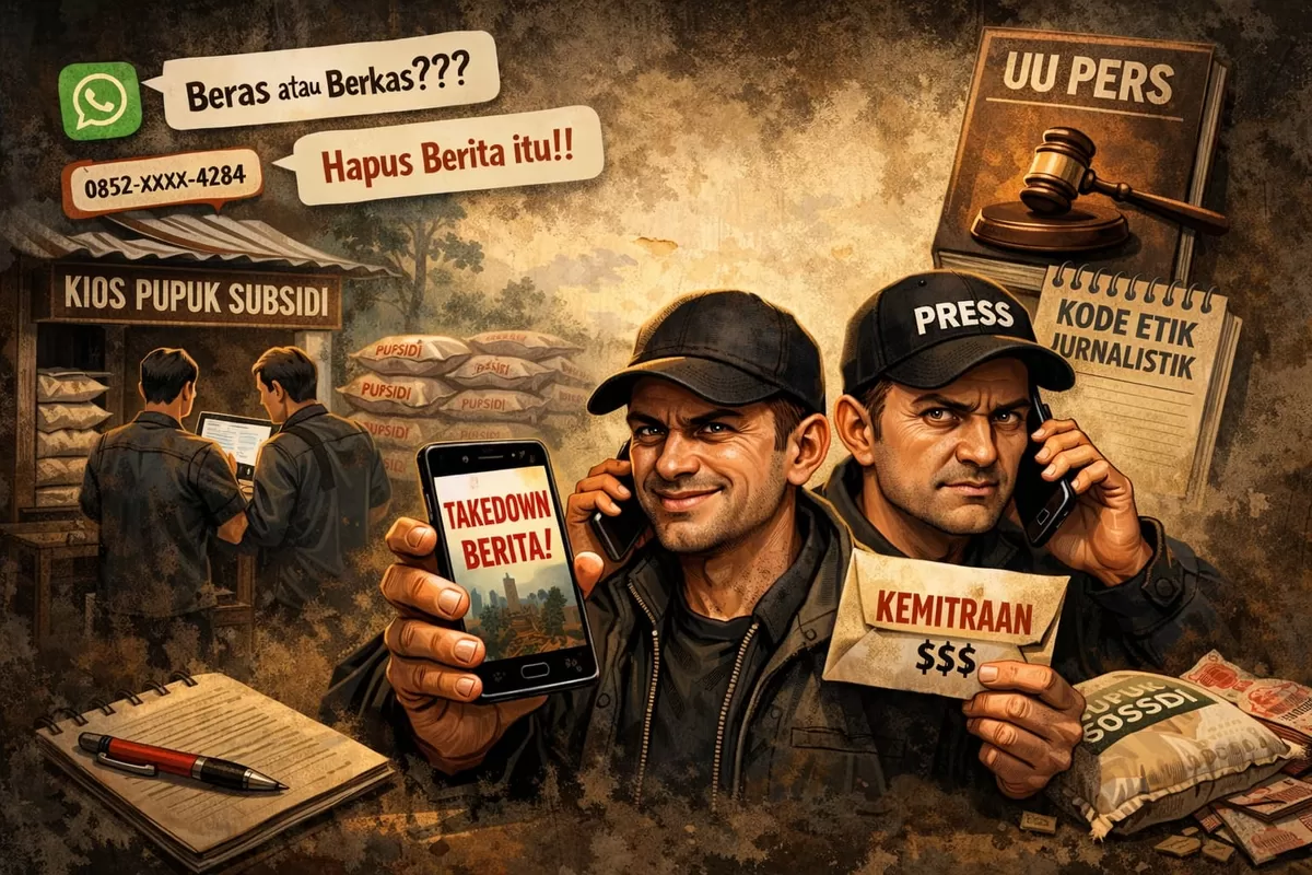 Ilustrasi Intervensi Oknum Wartawan terhadap pemberitaan Pupuk Bersubsidi di Gondang, Nganjuk, Jawa Timur  (Ai)