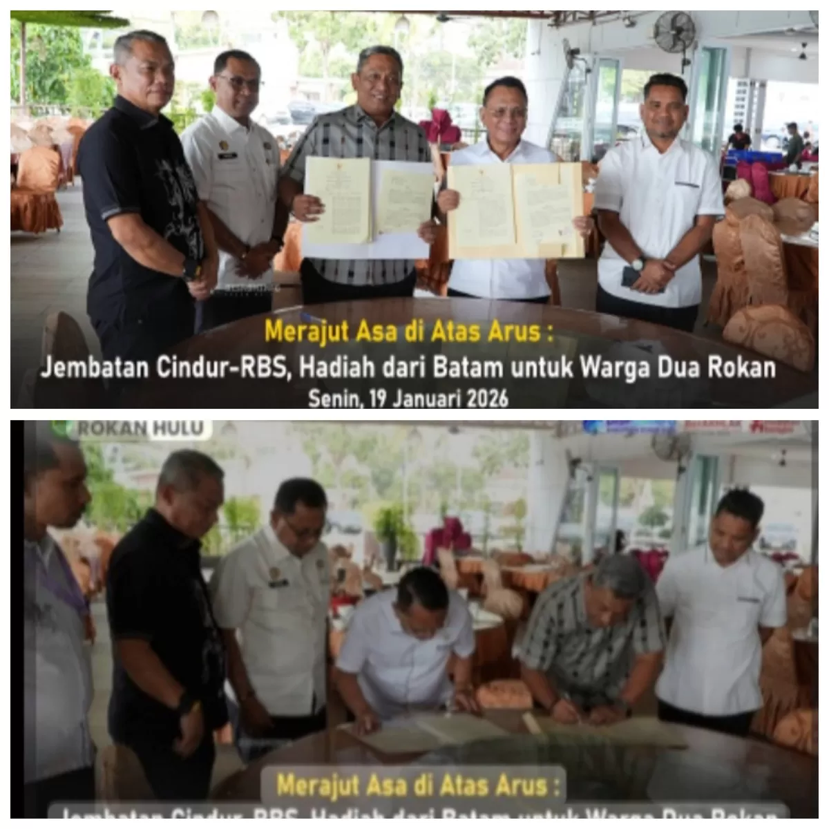 Foto Kebersamaan, Bupati Rohul - Rohil Tandatangan MoU Jembatan Cindur-RBS, Hadiah Untuk Masyarakat Dua Daerah    (Diskominfo Rohul )