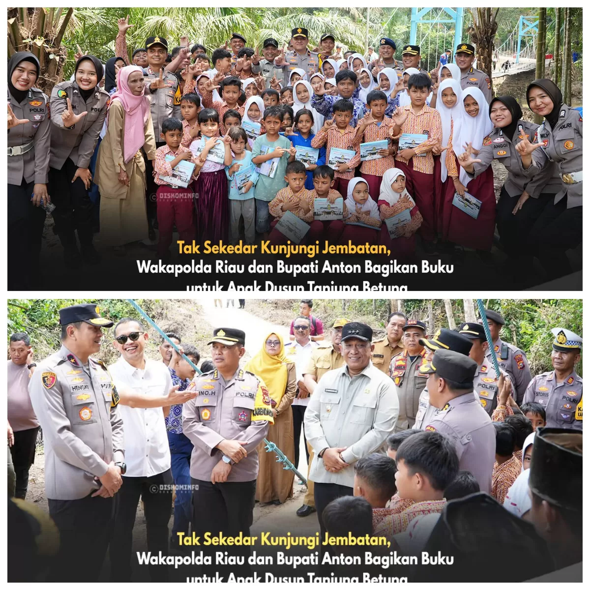 Foto Wakapolda Riau Dan Bupati Rokan Hulu Anton Tinjau Jembatan Gantung Dan Bagikan Buku untuk Anak Dusun Tanjung Betung   (Diskominfo Rohul )