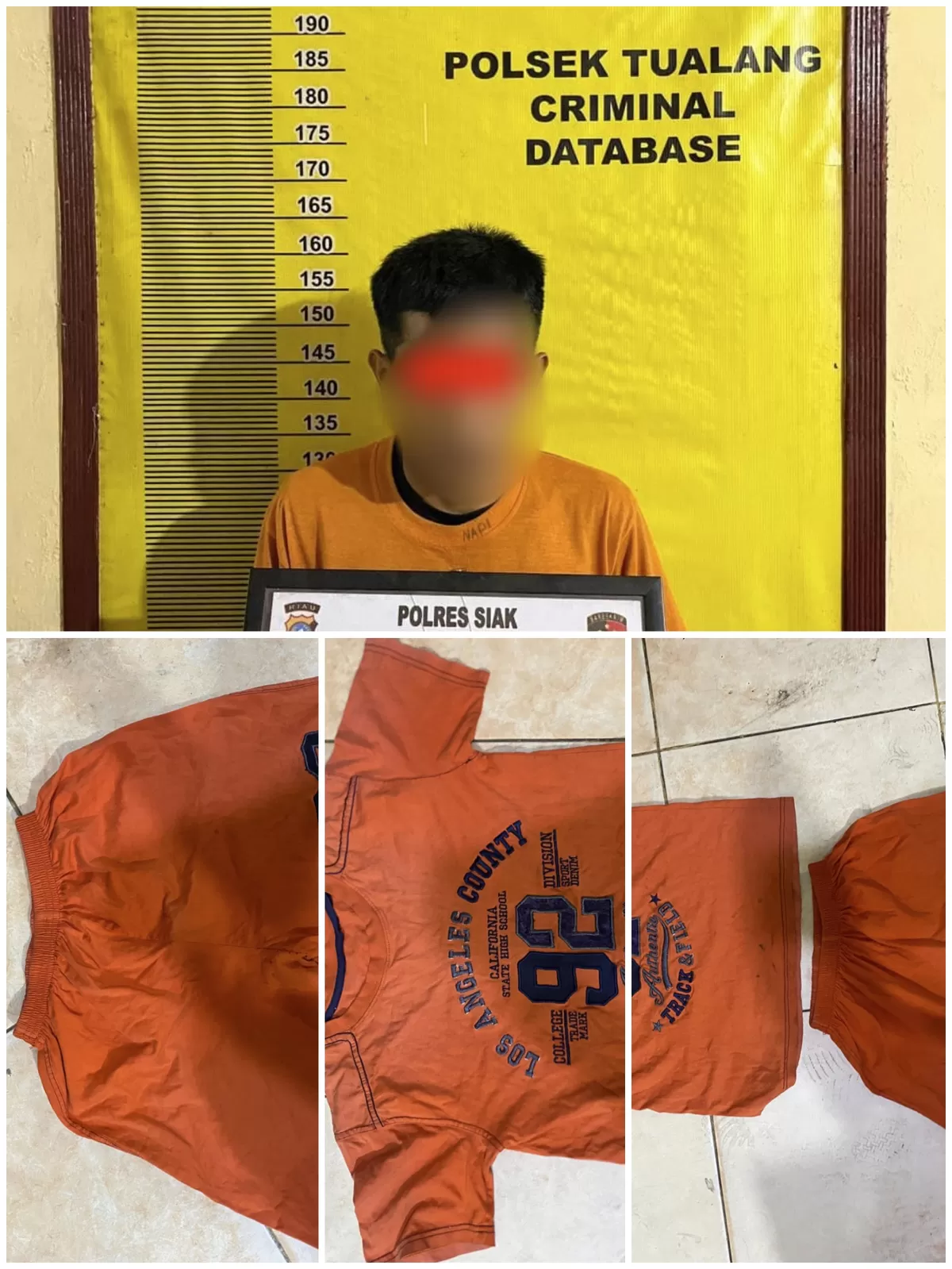 Foto pelaku saat di Polsek tualang bersama barang bukti ( BB) baju korban