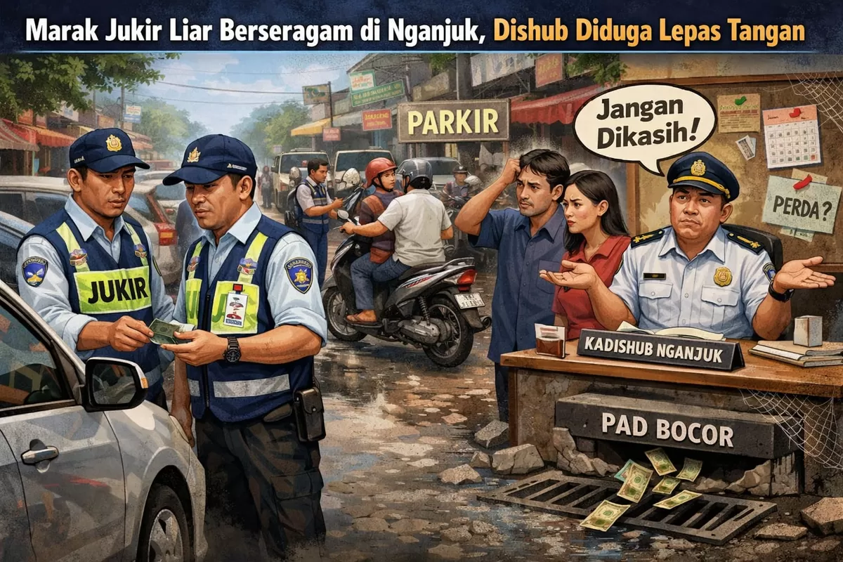 Ilustrasi Jukir Liar di Kabupaten Nganjuk, Jawa Timur  (Ai)